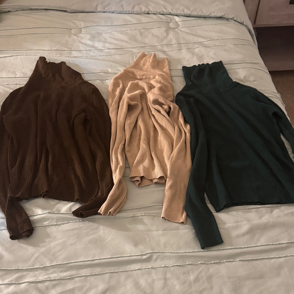 Fashion Nova Ribbed Turtleneck Sweater Trio - Brown, Cream, Green